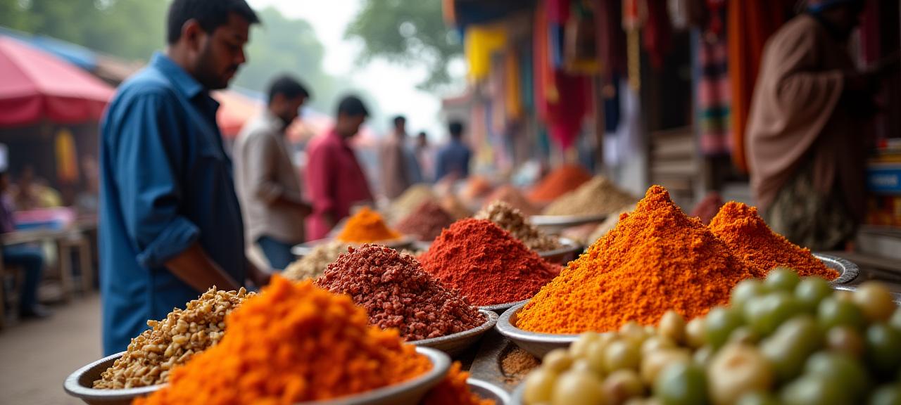 A vibrant Indian rural market scene with people interacting with products.