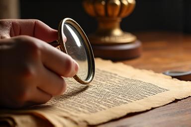 A researcher carefully examining an ancient manuscript with a magnifying glass.