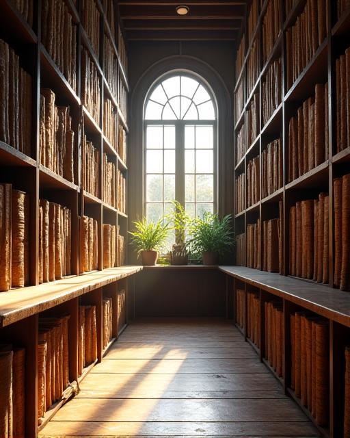 An old, well-lit library with wooden shelves filled with ancient books and manuscripts.