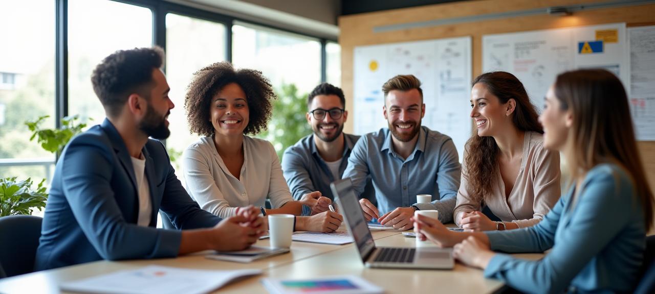 A diverse group of professionals collaborating happily in a modern office setting.