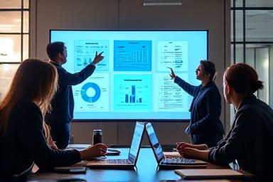 A collaborative workshop with researchers pointing at charts and data visualizations on a large screen.